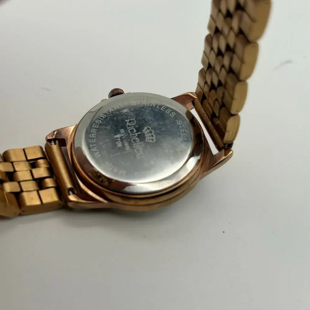 Richelieu Swiss Rose-gold White Dial St. Steel Quartz Watch Working New Battery